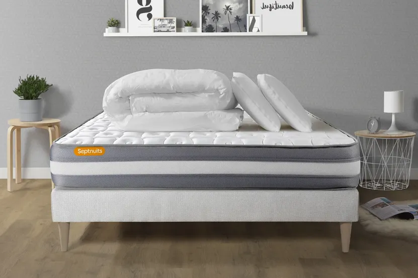 Pack lit complet 200x200 cm - Matelas + Sommier Blanc (en kit) + 2 oreillers + Couette - Memo Plus