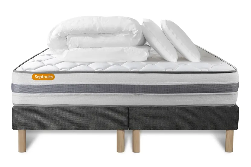 Pack lit complet 160x200 cm - Matelas + 2 Sommiers Gris + 2 oreillers + Couette - Memo Spring