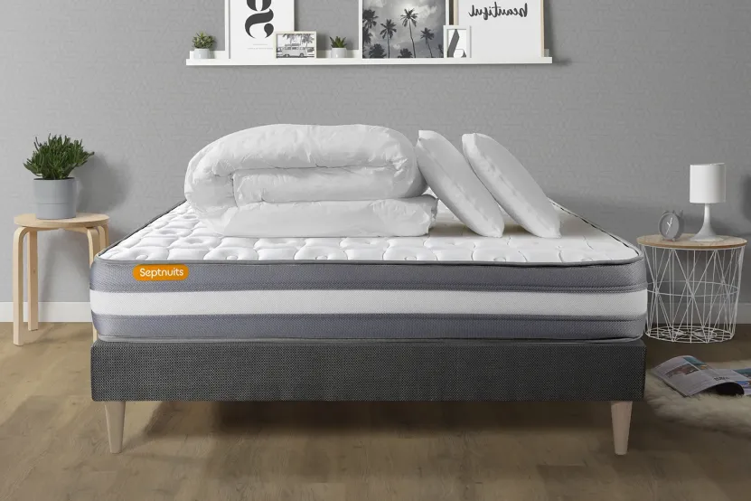 Pack lit complet 180x200 cm - Matelas + Sommier Gris (en kit) + 2 oreillers + Couette - Memo Plus