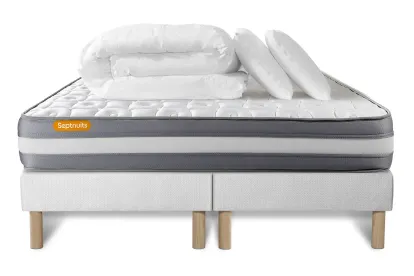 Pack lit complet 180x200 cm - Matelas + 2 Sommiers Blancs + 2 oreillers + Couette - Memo Plus