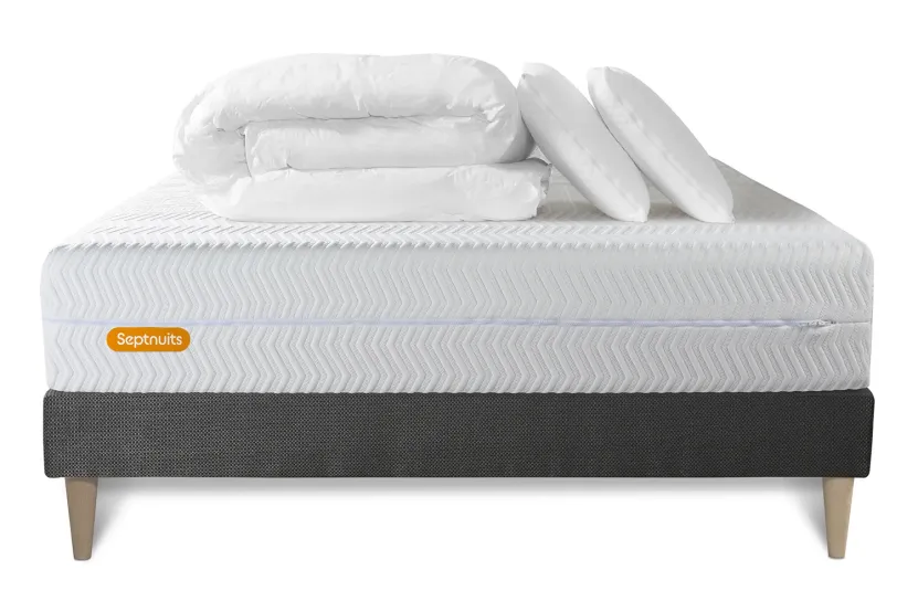 Pack lit complet 180x200 cm - Matelas + Sommier Gris (en kit) + 2 oreillers + Couette - Memo Bio