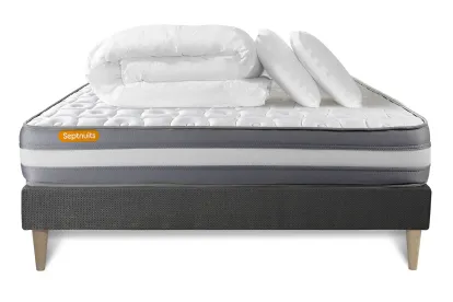 Pack lit complet 140x200 cm - Matelas + Sommier Gris (en kit) + 2 oreillers + Couette - Memo Plus