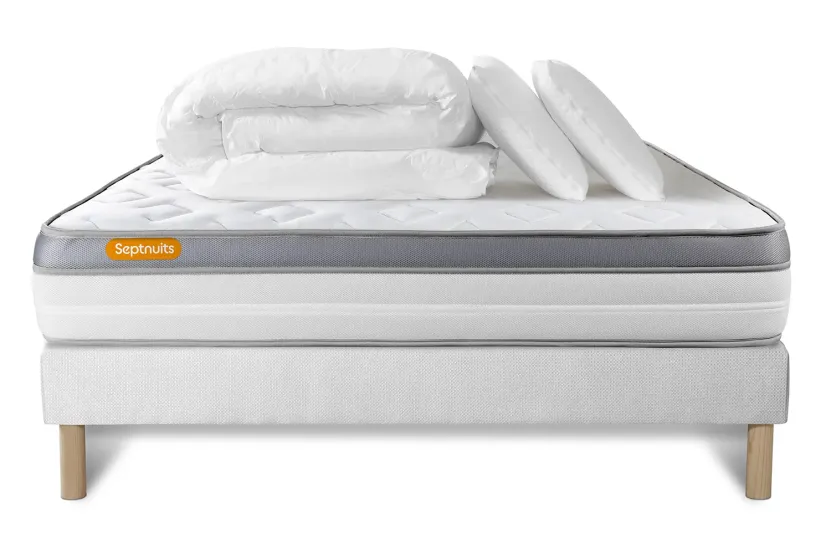 Pack lit complet 140x190 cm - Matelas + Sommier Blanc + 2 oreillers + Couette - Memo Zen