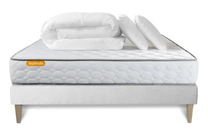 Pack lit complet 140x190 cm - Matelas + Sommier Blanc (en kit) + 2 oreillers + Couette - Memo