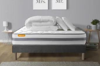 Pack lit complet 160x200 cm - Matelas + Sommier Gris + 2 oreillers + Couette - Memo Spring