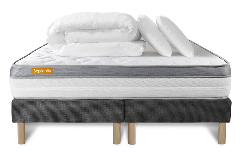 Pack lit complet 200x200 cm - Matelas + 2 Sommiers Gris + 2 oreillers + Couette - Memo Zen