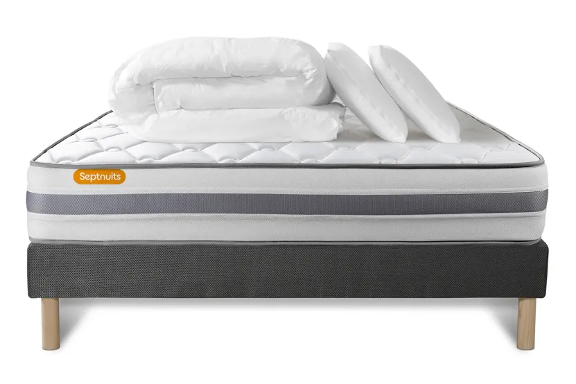 Pack lit complet 160x200 cm - Matelas + Sommier Gris + 2 oreillers + Couette - Memo Spring