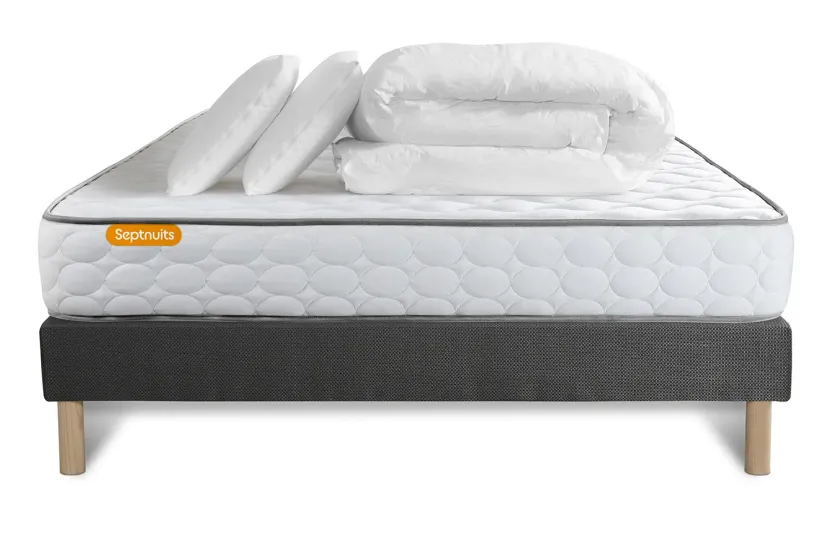 Pack lit complet 160x200 cm - Matelas + Sommier Gris + 2 oreillers + Couette - Memo