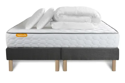 Pack lit complet 180x200 cm - Matelas + 2 Sommiers Gris + 2 oreillers + Couette - Memo