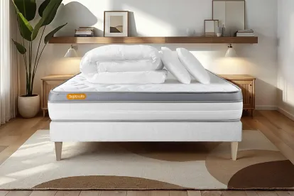 Pack lit complet 160x200 cm - Matelas + Sommier Blanc (en kit) + 2 oreillers + Couette - Memo Zen