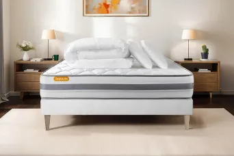 Pack lit complet 140x190 cm - Matelas + Sommier Blanc (en kit) + 2 oreillers + Couette - Memo Spring