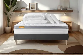 Pack lit complet 160x200 cm - Matelas + Sommier Gris (en kit) + 2 oreillers + Couette - Memo Zen