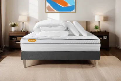 Pack lit complet 180x200 cm - Matelas + Sommier Gris (en kit) + 2 oreillers + Couette - Memo Luxe