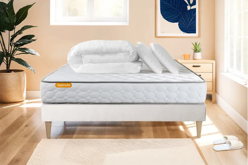 Pack lit complet 140x200 cm - Matelas + Sommier Blanc (en kit) + 2 oreillers + Couette - Memo