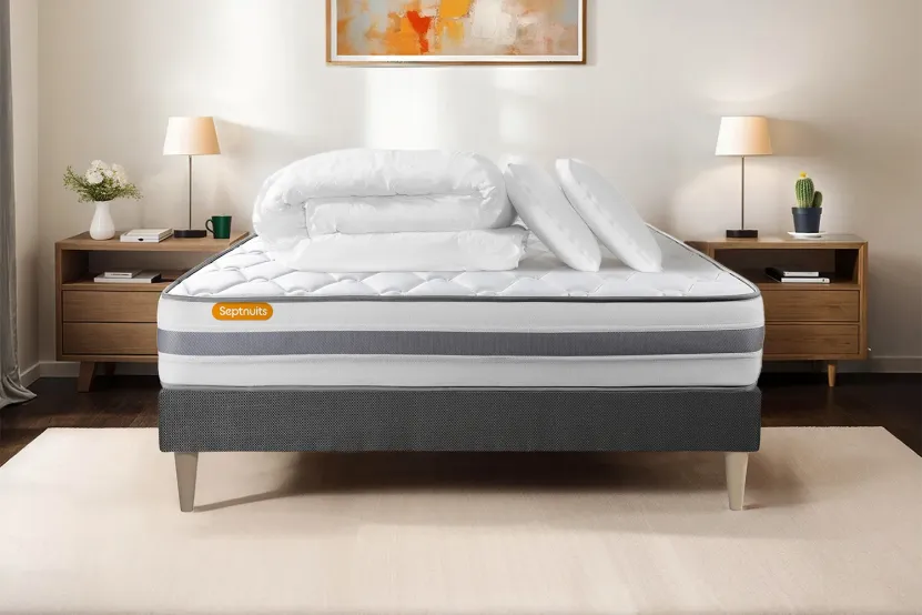 Pack lit complet 140x190 cm - Matelas + Sommier Gris + 2 oreillers + Couette - Memo Spring