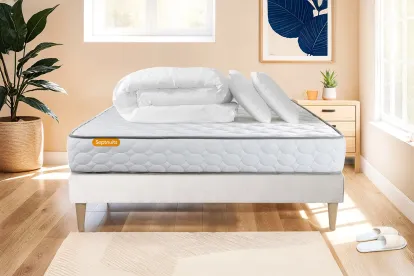 Pack lit complet 160x200 cm - Matelas + Sommier Blanc (en kit) + 2 oreillers + Couette - Memo