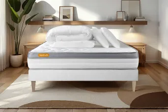 Pack lit complet 140x190 cm - Matelas + Sommier Blanc (en kit) + 2 oreillers + Couette - Memo Zen