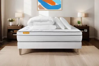 Pack lit complet 140x190 cm - Matelas + Sommier Blanc (en kit) + 2 oreillers + Couette - Memo Luxe