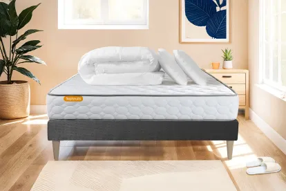Pack lit complet 140x190 cm - Matelas + Sommier Gris (en kit) + 2 oreillers + Couette - Memo