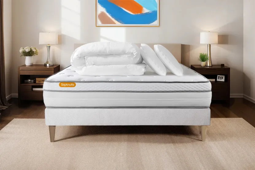 Pack lit complet 200x200 cm - Matelas + Sommier Blanc (en kit) + 2 oreillers + Couette - Memo Luxe